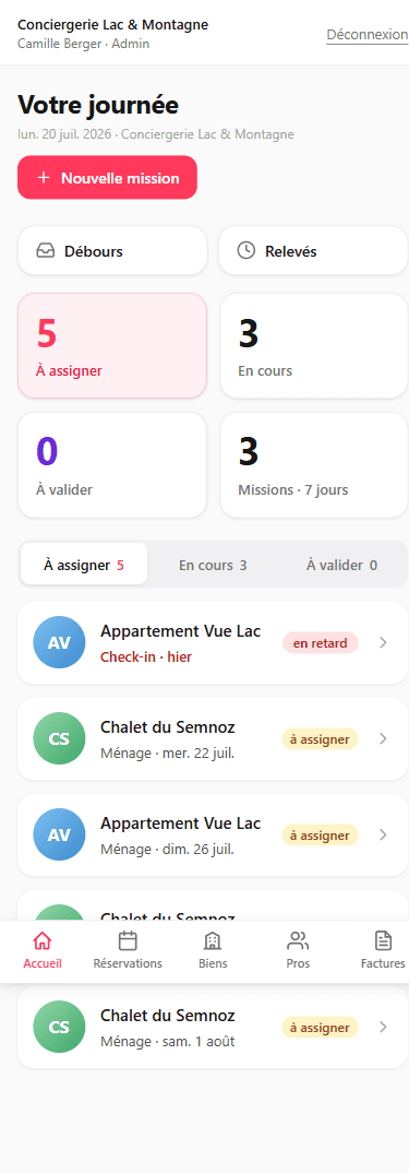 Aperçu de l'application Exonora : le tableau de bord d'une journée, avec les ménages à assigner et le suivi des missions.